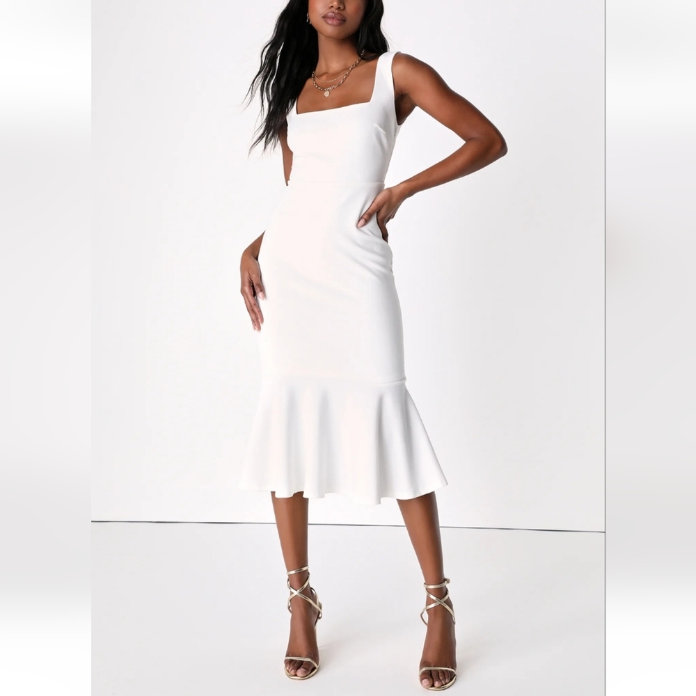 Lulus Moment Maker NWT White Square Neck Trumpet Midi Dress Size XS